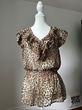 DOTS‎ Y2K Cheetah Print Sheer Boho Vacation Cinched Ruffle Blouse Medium